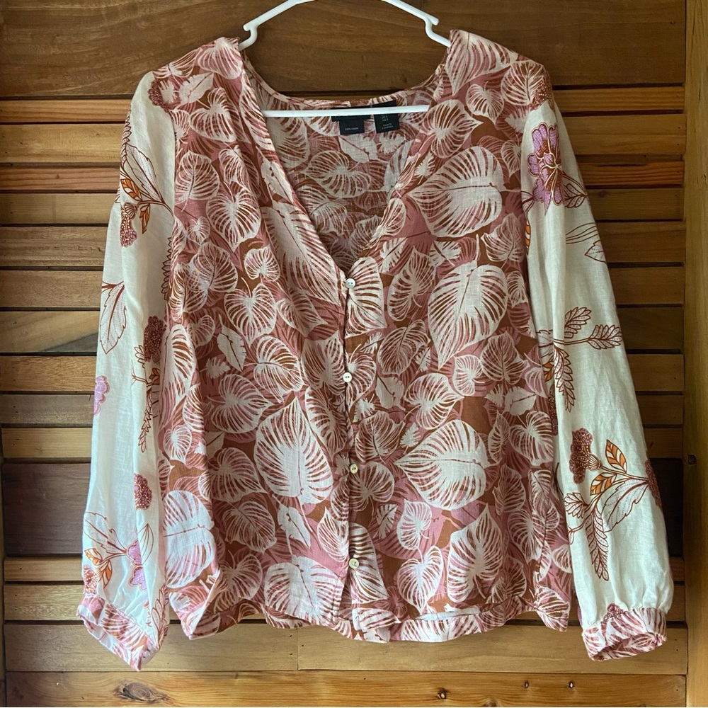 Linen Floral Button-Up Blouse - Pink and Cream